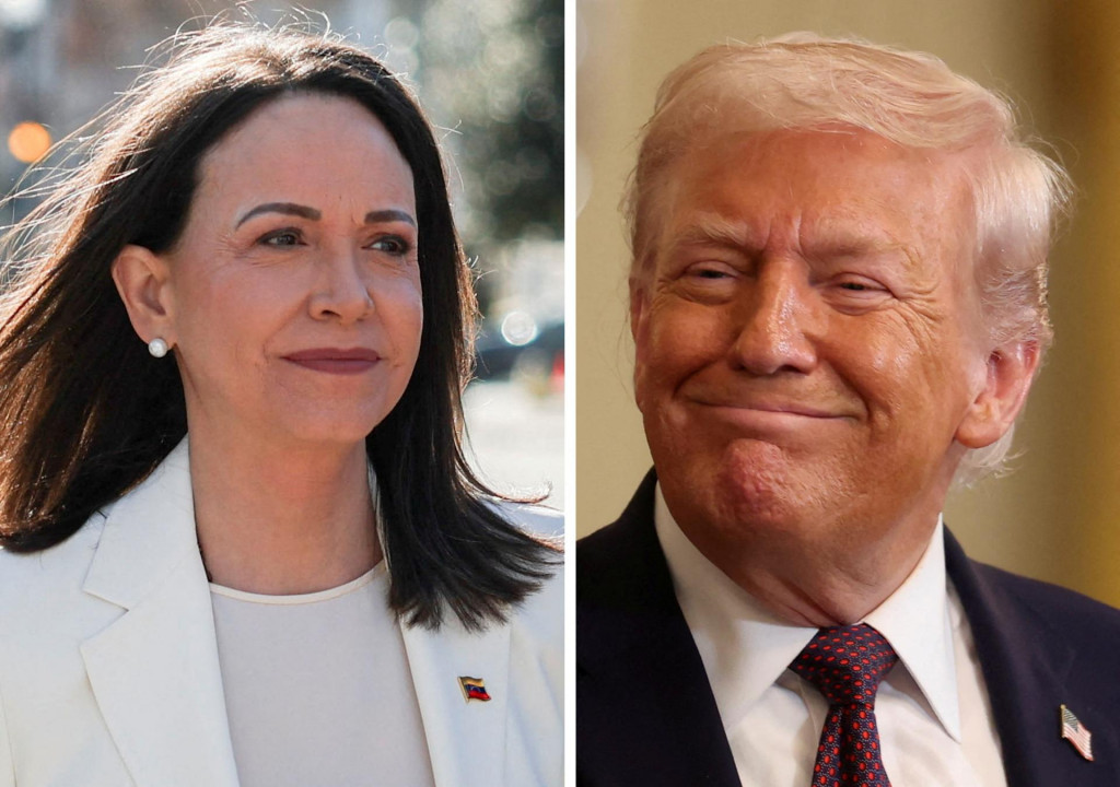 Venezuelsk&aacute; opozičn&aacute; l&iacute;derka Maria Corina Machadov&aacute; a americk&yacute; prezident Donald Trump. FOTO: Reuters