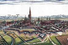 &Scaron;trasburg v roku 1644 s jeho povestn&yacute;m opevnen&iacute;m, ktor&eacute; využ&iacute;valo tok rieky Ill, r&ocirc;zne kan&aacute;ly a priekopy.