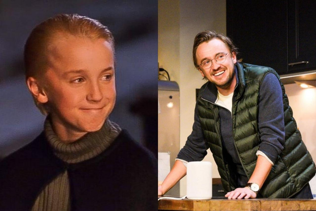 Na sn&iacute;mke je herec Tom Felton. Vľavo je v role Draca Malfoya, vpravo v dospelosti so svojou vlastnou podobizňou. FOTO: Warner Bros., Instagram/Tom Felton