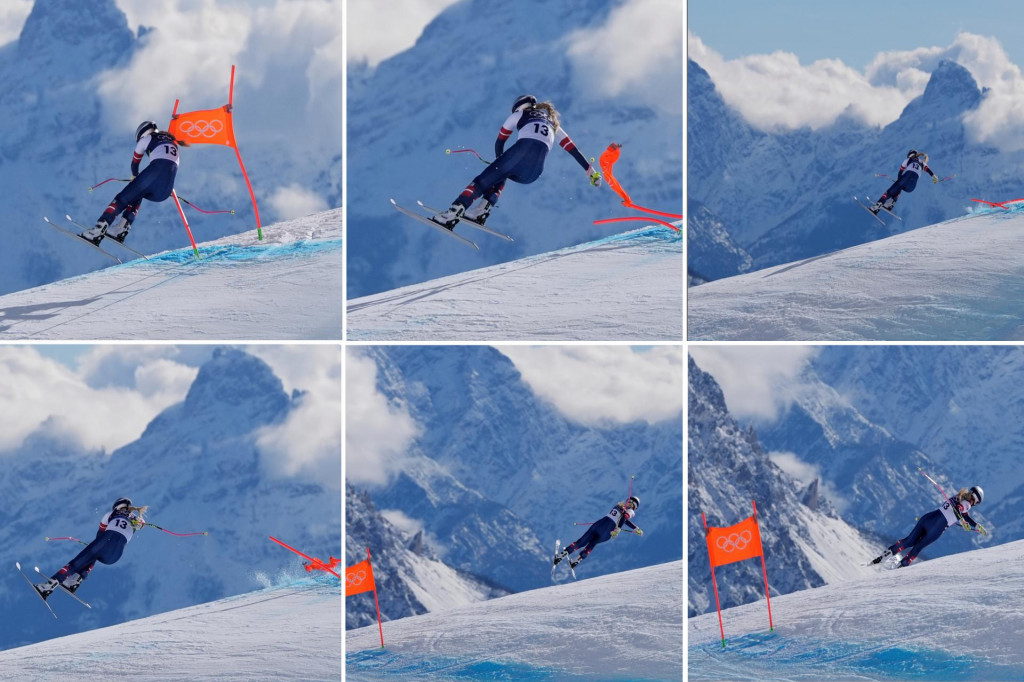 Na kombosn&iacute;mke americk&aacute; lyžiarka Lindsey Vonnov&aacute; pad&aacute; v zjazde žien na zimn&yacute;ch olympijsk&yacute;ch hr&aacute;ch v Cortine d&lsquo;Ampezzo. FOTO: TASR/AP