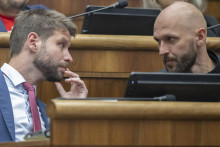 Poslanci N&aacute;rodnej rady Slovenskej republiky zľava Michal &Scaron;imečka a Michal Truban (obaja Progres&iacute;vne Slovensko). FOTO: TASR/Martin Baumann