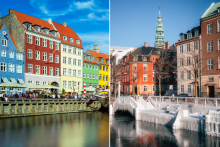 Vľavo Kodansk&yacute; pr&iacute;stav Nyhavn v lete, vpravo začiatkom febru&aacute;ra 2026. FOTO: Dreamstime, Facebook/VisitCopenhagen, kol&aacute;ž HN