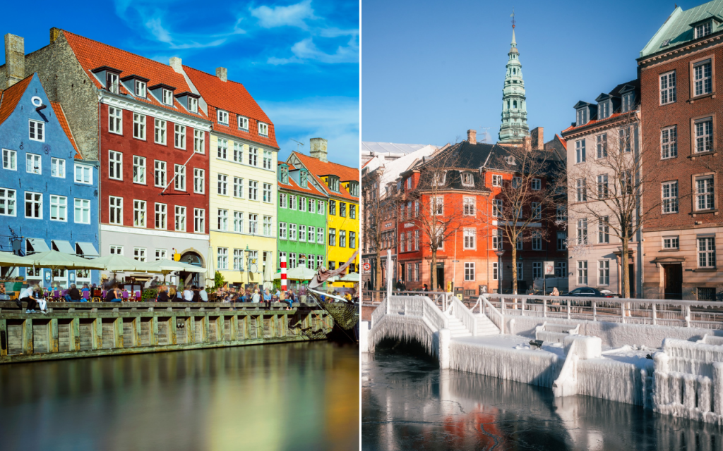 Vľavo Kodansk&yacute; pr&iacute;stav Nyhavn v lete, vpravo začiatkom febru&aacute;ra 2026. FOTO: Dreamstime, Facebook/VisitCopenhagen, kol&aacute;ž HN