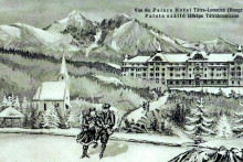 Pohľadnica z roku 1910 s n&aacute;pisom &bdquo;Pohľad na hotel Palace v Tatranskej Lomnici&ldquo;.