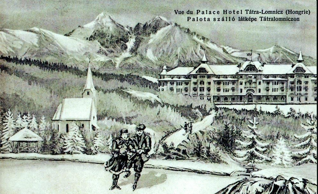 Pohľadnica z roku 1910 s n&aacute;pisom &bdquo;Pohľad na hotel Palace v Tatranskej Lomnici&ldquo;.
