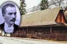 Spisovateľ Jozef Gregor Tajovsk&yacute; (na portr&eacute;te z mladosti) a jeho rodn&yacute; dom v obci Tajov neďaleko Banskej Bystrice.