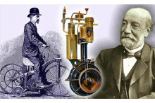 Gottlieb Daimler, spaľovac&iacute; motor, ktor&yacute; skon&scaron;truoval a dobov&aacute; ilustr&aacute;cia prv&eacute;ho vozidla, do ktor&eacute;ho ho namontoval. Nazval ho Reitwagen (jazdeck&eacute; vozidlo) a i&scaron;lo vlastne o prv&yacute; motocykel na svete.