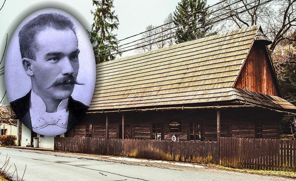 Spisovateľ Jozef Gregor Tajovsk&yacute; (na portr&eacute;te z mladosti) a jeho rodn&yacute; dom v obci Tajov neďaleko Banskej Bystrice.