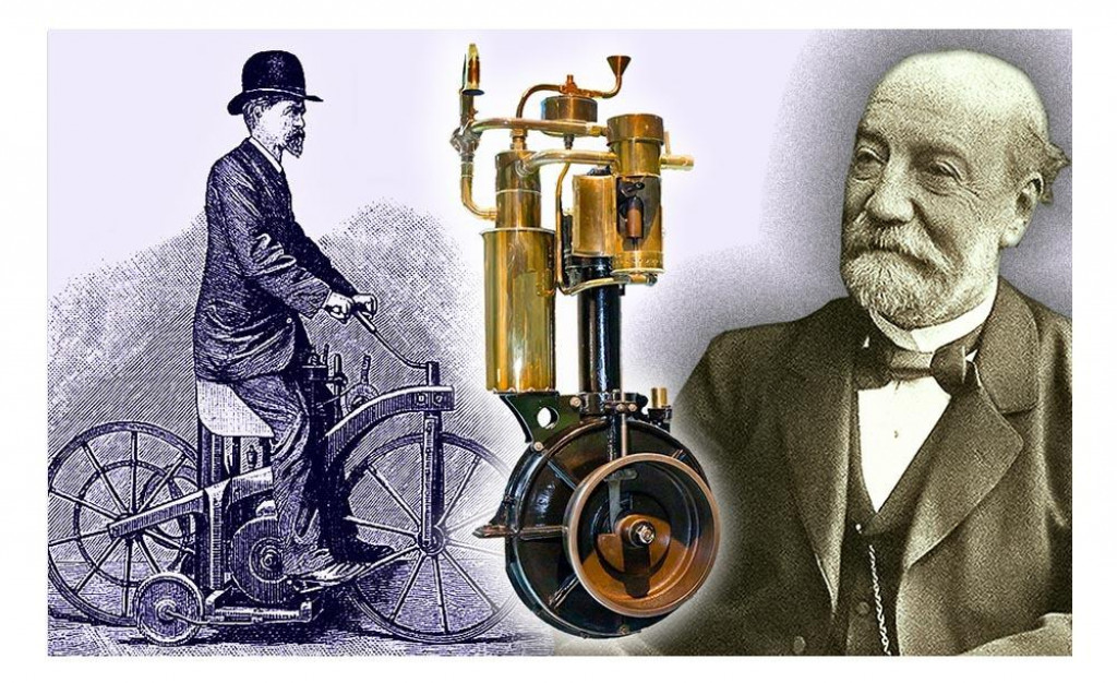 Gottlieb Daimler, spaľovac&iacute; motor, ktor&yacute; skon&scaron;truoval a dobov&aacute; ilustr&aacute;cia prv&eacute;ho vozidla, do ktor&eacute;ho ho namontoval. Nazval ho Reitwagen (jazdeck&eacute; vozidlo) a i&scaron;lo vlastne o prv&yacute; motocykel na svete.