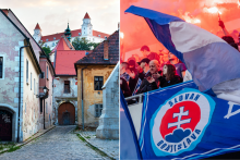 Pohľad na Bratislavsk&yacute; hrad z uličiek v Starom Meste a fan&uacute;&scaron;ikovia Slovana Bratislava v derby s Trnavou. FOTO: Dreamstime, &Scaron;K Slovan Bratislava