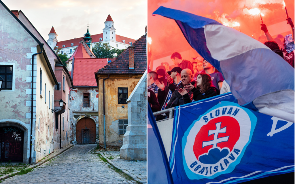 Pohľad na Bratislavsk&yacute; hrad z uličiek v Starom Meste a fan&uacute;&scaron;ikovia Slovana Bratislava v derby s Trnavou. FOTO: Dreamstime, &Scaron;K Slovan Bratislava