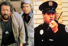 Vľavo Bud Spencer a Terence Hill, vpravo Steve Guttenberg v Policajnej akad&eacute;mii. FOTO: rtl/via MPak-HH, arch&iacute;v MAFRA, kol&aacute;ž HN
