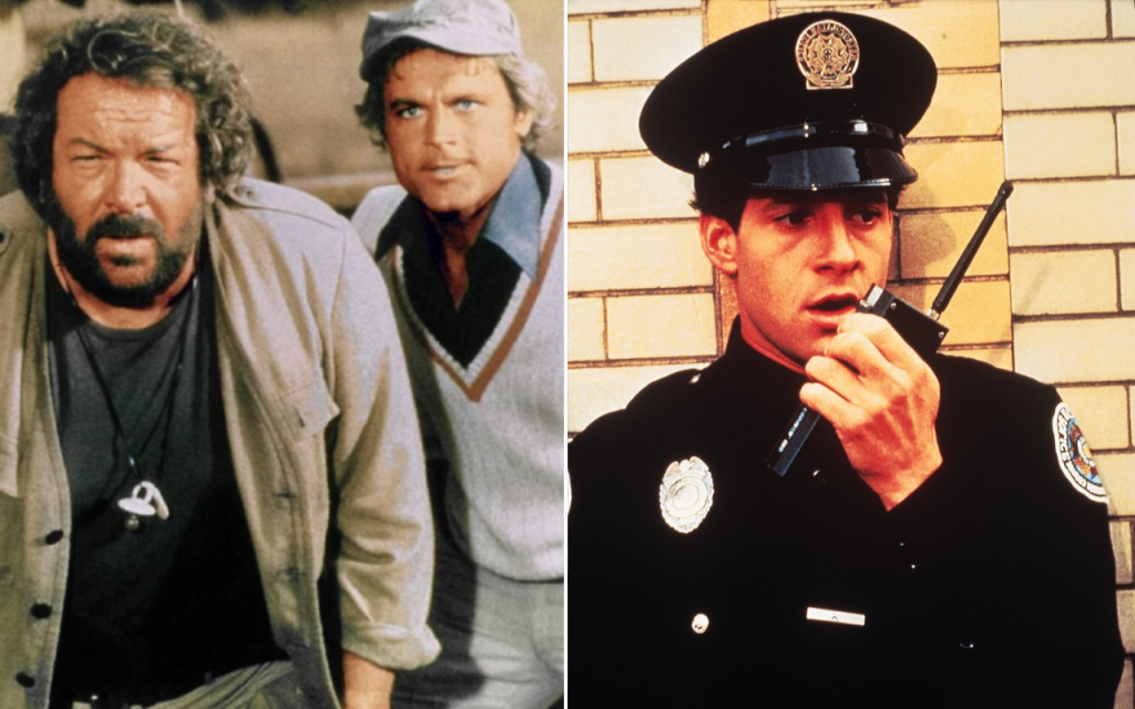 Vľavo Bud Spencer a Terence Hill, vpravo Steve Guttenberg v Policajnej akad&eacute;mii. FOTO: rtl/via MPak-HH, arch&iacute;v MAFRA, kol&aacute;ž HN