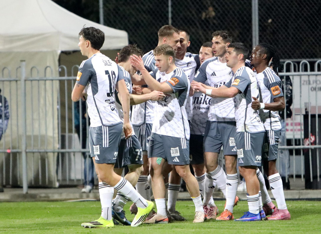 G&oacute;lov&aacute; radosť Podbrezovej počas z&aacute;pasu &scaron;tvrťfin&aacute;le Slovnaft Cupu proti FC Spartak Trnava.