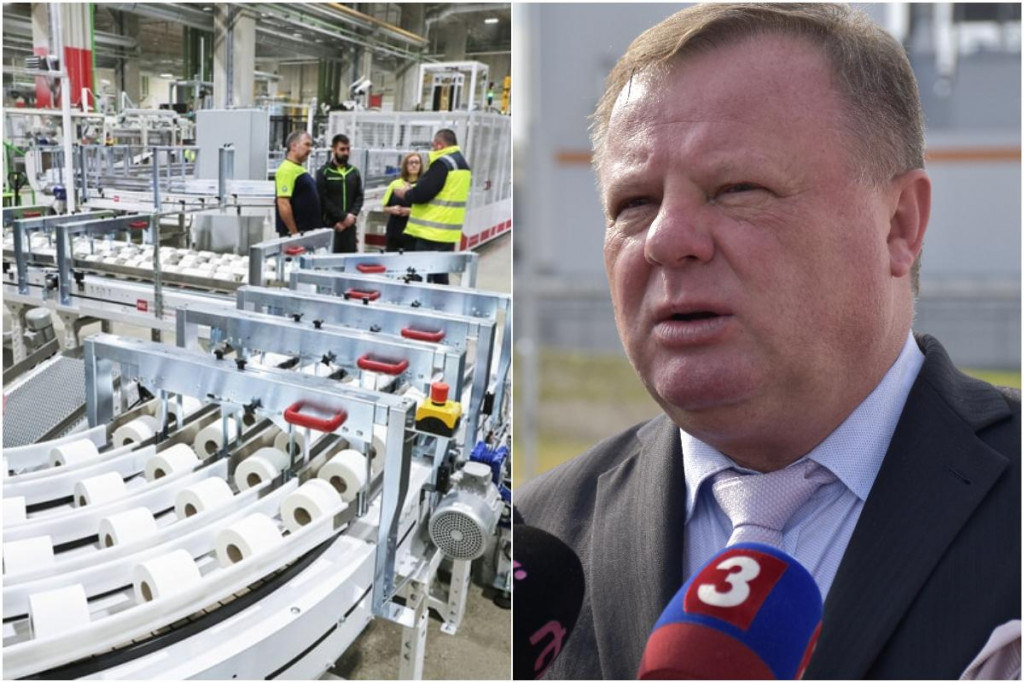 Vľavo nov&aacute; spracovateľsk&aacute; linka a vpravo prezident Eco-Investment Milan Fiľo.  FOTO: TASR/M. Mlyn&aacute;rov&aacute;, Andrej Petelin&scaron;ek, kol&aacute;ž HN