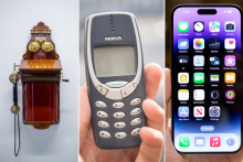 Vľavo n&aacute;stenn&yacute; telef&oacute;n Ericsson AB590 z roku 1913, v strede ikonick&aacute; Nokia 3310 z roku 2000, vpravo iPhone 15 Pro Max z roku 2024. FOTO: Dreamstime, kol&aacute;ž HN