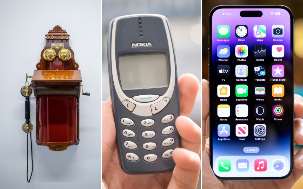 Vľavo n&aacute;stenn&yacute; telef&oacute;n Ericsson AB590 z roku 1913, v strede ikonick&aacute; Nokia 3310 z roku 2000, vpravo iPhone 15 Pro Max z roku 2024. FOTO: Dreamstime, kol&aacute;ž HN
