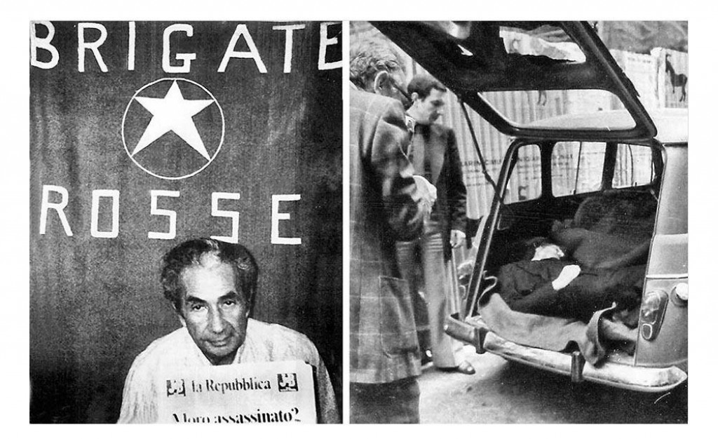 Aldo Moro ako rukojemn&iacute;k Červen&yacute;ch brig&aacute;d, na sn&iacute;mke vpravo je jeho mŕtve telo, ktor&eacute; teroristi nechali v kufri zaparkovan&eacute;ho auta 55 dn&iacute; po tom, ako expremi&eacute;ra uniesli.