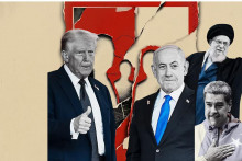 Kol&aacute;ž, na ktorej je zľava zobrazen&yacute; Donald Trump, Benjamin Netanjahu, Nicol&aacute;s Maduro a Al&iacute; Ch&aacute;mene&iacute;. FOTO: iDnes.cz/Tom&aacute;&scaron; Ratner