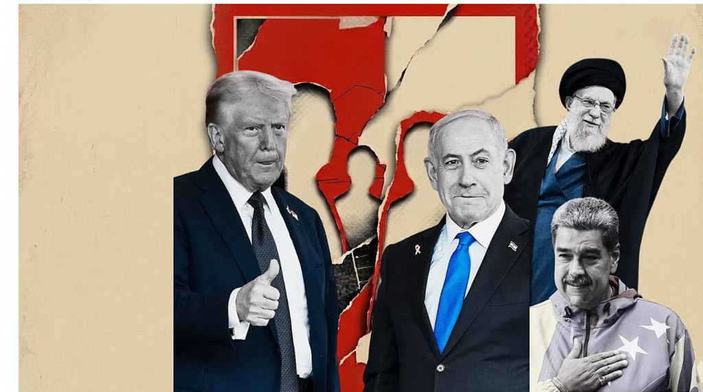 Kol&aacute;ž, na ktorej je zľava zobrazen&yacute; Donald Trump, Benjamin Netanjahu, Nicol&aacute;s Maduro a Al&iacute; Ch&aacute;mene&iacute;. FOTO: iDnes.cz/Tom&aacute;&scaron; Ratner