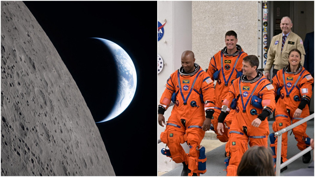Na palube lode Orion s&uacute; &scaron;tyria astronauti. T&iacute; 6. apr&iacute;la dosiahli rekordn&uacute; vzdialenosť od Zeme. FOTO: Reuters, kol&aacute;ž HN