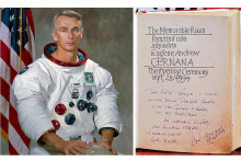 Eugene Cernan na ofici&aacute;lnom portr&eacute;te NASA, vpravo je jeho z&aacute;pis a poďakovanie v pam&auml;tnej knihe expoz&iacute;cie vo Vysokej nad Kysucou, ktor&aacute; je venovan&aacute; pr&aacute;ve jemu. Obec, z ktorej poch&aacute;dzali jeho star&iacute; rodičia, nav&scaron;t&iacute;vil dvakr&aacute;t, naposledy v septembri 1994.