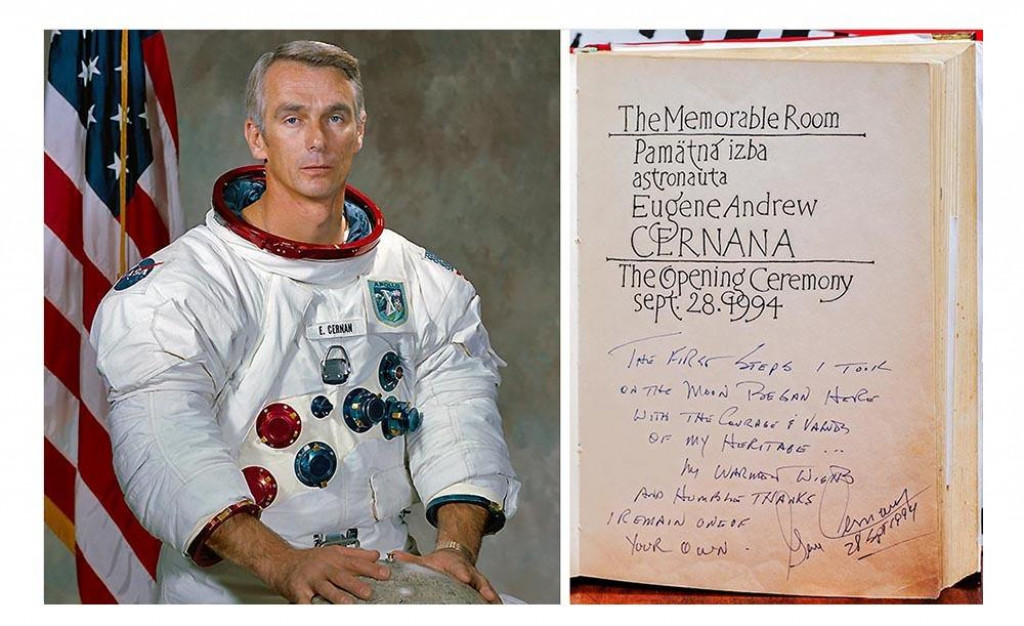Eugene Cernan na ofici&aacute;lnom portr&eacute;te NASA, vpravo je jeho z&aacute;pis a poďakovanie v pam&auml;tnej knihe expoz&iacute;cie vo Vysokej nad Kysucou, ktor&aacute; je venovan&aacute; pr&aacute;ve jemu. Obec, z ktorej poch&aacute;dzali jeho star&iacute; rodičia, nav&scaron;t&iacute;vil dvakr&aacute;t, naposledy v septembri 1994.