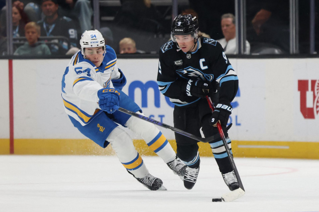 Clayton Keller a Dalibor Dvorsk&yacute;. FOTO: Reuters/Rob Gray-Imagn Images