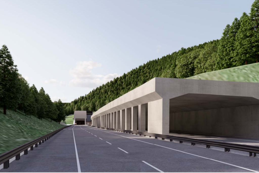 Vizualiz&aacute;cia v&yacute;chodn&eacute;ho port&aacute;lu tunela aj so stabilizačn&yacute;m opatren&iacute;m, takzvanou gal&eacute;riou. FOTO: NDS, Tarosi