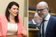 Poslankyňa Jana Bitt&oacute; Cig&aacute;nikov&aacute; a &scaron;&eacute;f SaS Branislav Gr&ouml;hling. FOTO: HN/Peter Mayer a TASR/Jakub Kotian