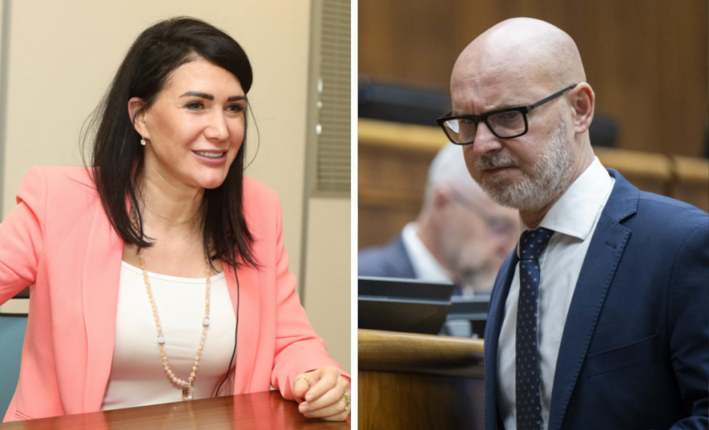 Poslankyňa Jana Bitt&oacute; Cig&aacute;nikov&aacute; a &scaron;&eacute;f SaS Branislav Gr&ouml;hling. FOTO: HN/Peter Mayer a TASR/Jakub Kotian