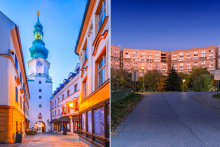 Vľavo Michalsk&aacute; br&aacute;na, vpravo Pentagon. Bratislava očami poľsk&eacute;ho turistu. FOTO: Dreamstime, kol&aacute;ž HN