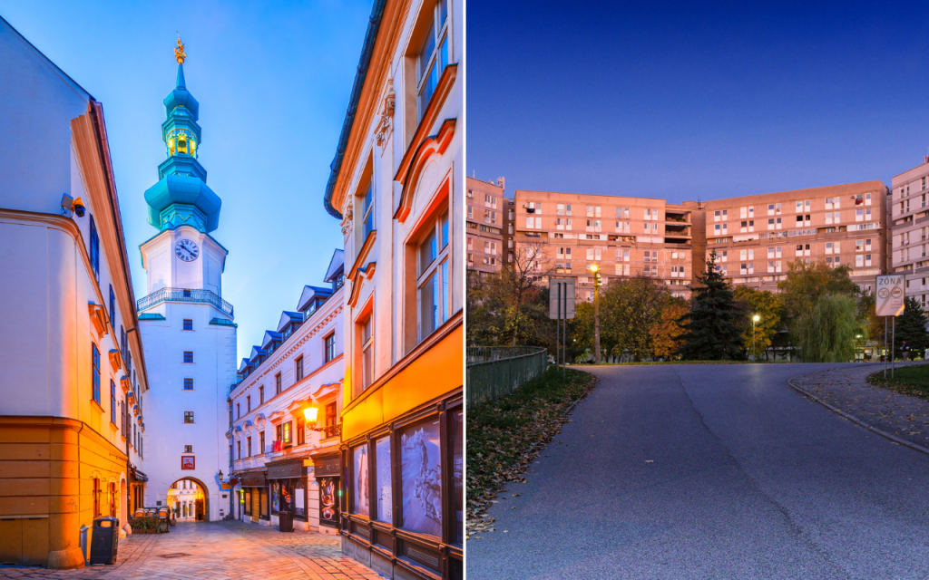 Vľavo Michalsk&aacute; br&aacute;na, vpravo Pentagon. Bratislava očami poľsk&eacute;ho turistu. FOTO: Dreamstime, kol&aacute;ž HN