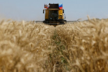 Farm&aacute;r obsluhuje kombajn počas začiatku zberu p&scaron;enice v Luhanskej oblasti na Ukrajine. FOTO: Reuters