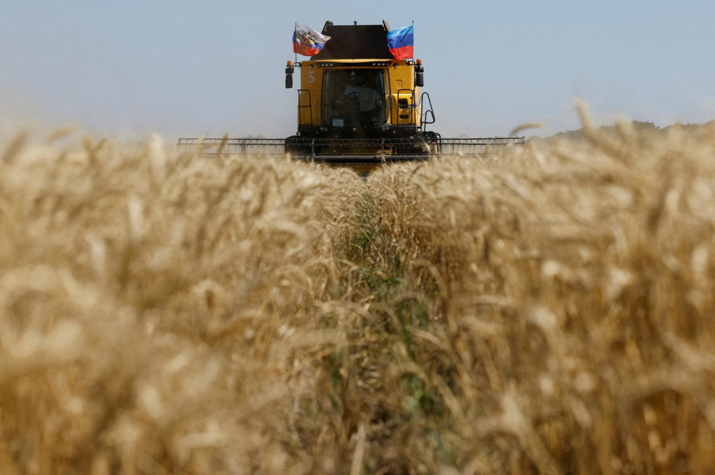 Farm&aacute;r obsluhuje kombajn počas začiatku zberu p&scaron;enice v Luhanskej oblasti na Ukrajine. FOTO: Reuters