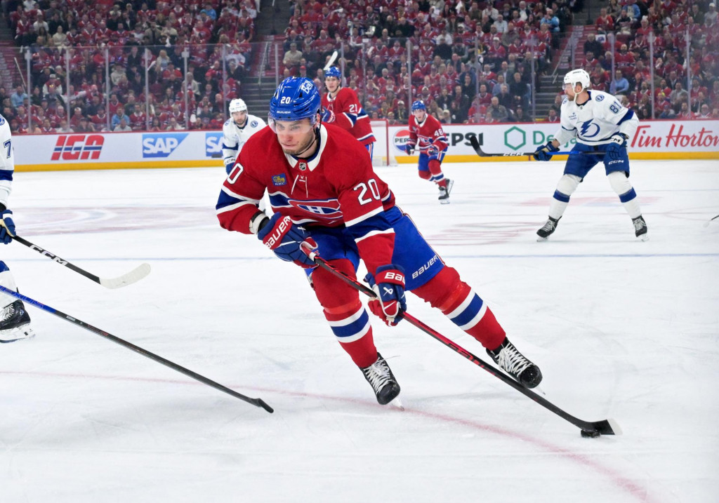 Kr&iacute;deln&iacute;k Montreal Canadiens Juraj Slafkovsk&yacute;. FOTO: Reutes/Eric Bolte