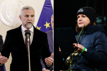 Podpredseda parlamentu Tibor Ga&scaron;par a &scaron;&eacute;fka nad&aacute;cie Zastavme korupciu Zuzana Petkov&aacute;. FOTO: TASR/Dano Veselsk&yacute; a Mafra/Miroslava Spodniakov&aacute;