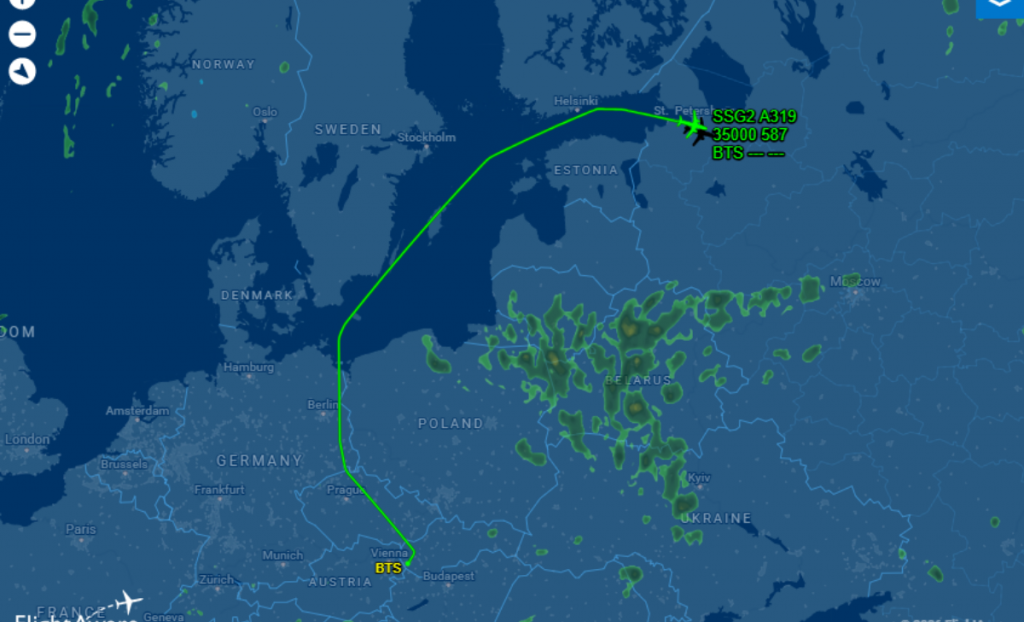 Vl&aacute;dny &scaron;peci&aacute;l na palube s Robertom Ficom na ceste do Moskvy. REPROFOTO: FlightAware