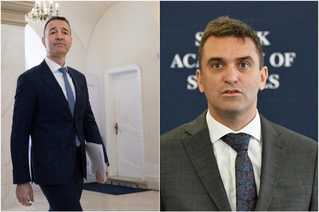 Na sn&iacute;mke zľava minister &scaron;kolstva Tom&aacute;&scaron; Drucker a &scaron;&eacute;f Slovenskej akad&eacute;mie vied Martin Venhart. FOTO: TASR/P. Neubauer, kol&aacute;ž HN