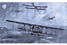 Nemeck&iacute; letci prenasleduj&uacute; rusk&eacute; veľkolietadlo Ilja Muromec &ndash; kresba z roku 1916.
