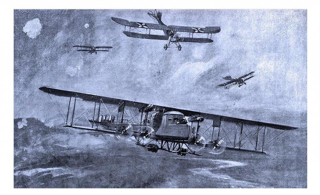 Nemeck&iacute; letci prenasleduj&uacute; rusk&eacute; veľkolietadlo Ilja Muromec &ndash; kresba z roku 1916.