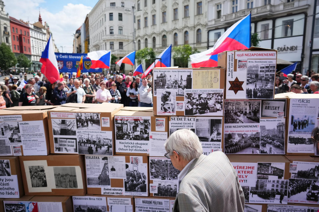 Demon&scaron;tranti protestuj&uacute; proti zjazdu Sudetonemeck&eacute;ho krajansk&eacute;ho združenia v Brne. FOTO: TASR/AP