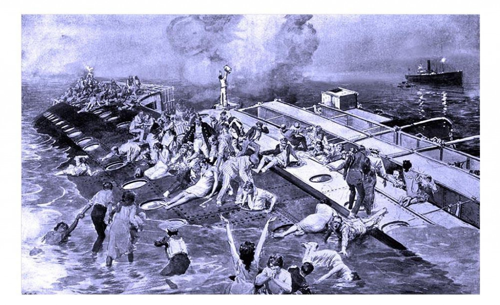 S&uacute;dob&aacute; ilustr&aacute;cia z tlače zachyt&aacute;vaj&uacute;ca dramatick&yacute; moment pot&aacute;paj&uacute;ceho sa parn&iacute;ka Empress of Ireland a jeho pasažierov, ktor&iacute; bojuj&uacute; o život. K ne&scaron;ťastiu do&scaron;lo na Rieke sv&auml;t&eacute;ho Vavrinca v Kanade 29. m&aacute;ja 1914.