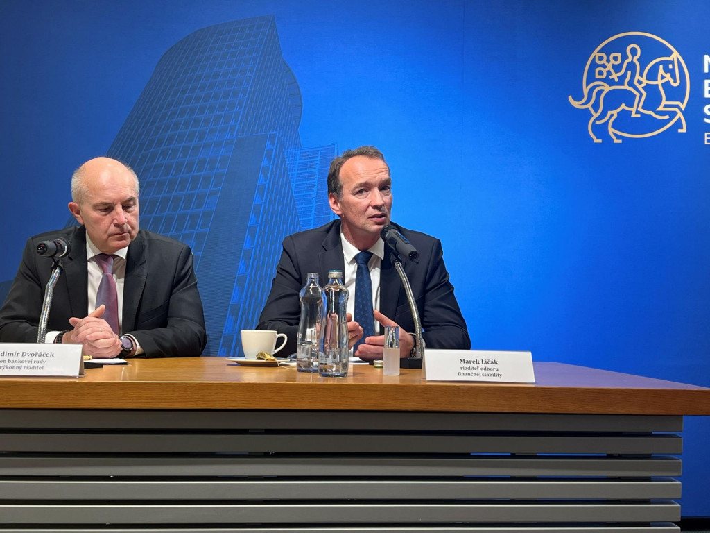 Riaditeľ odboru finančnej stability NBS Marek Lič&aacute;k a člen Bankovej rady NBS Vladim&iacute;r Dvoř&aacute;ček na tlačovej konferencii predstavuj&uacute; detaily Spr&aacute;vy o finančnej stabilite. FOTO: M&aacute;rio Bla&scaron;č&aacute;k/HN