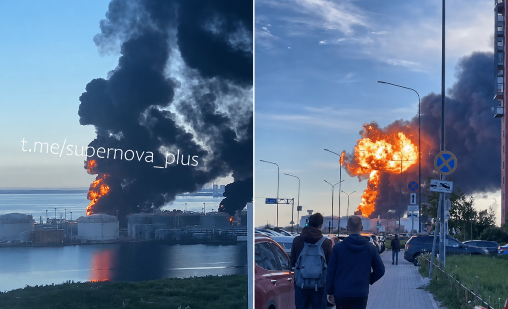 Ukrajinsk&eacute; drony zasiahli ropn&yacute; termin&aacute;l v Petrohrade. FOTO: X/@Tendar