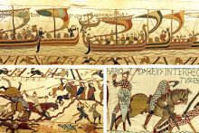 Tri v&yacute;javy z dobytia Anglicka Normanmi, ako s&uacute; stv&aacute;rnen&eacute; na Tapis&eacute;rii z Bayeux. Vylodenie inv&aacute;znej arm&aacute;dy v Pevensey (hore), bitka pri Hastingse (vľavo dolu) a smrť Harolda Godwinsona na bojovom poli (vpravo dolu). FOTO: WIKIMEDIA COMMONS