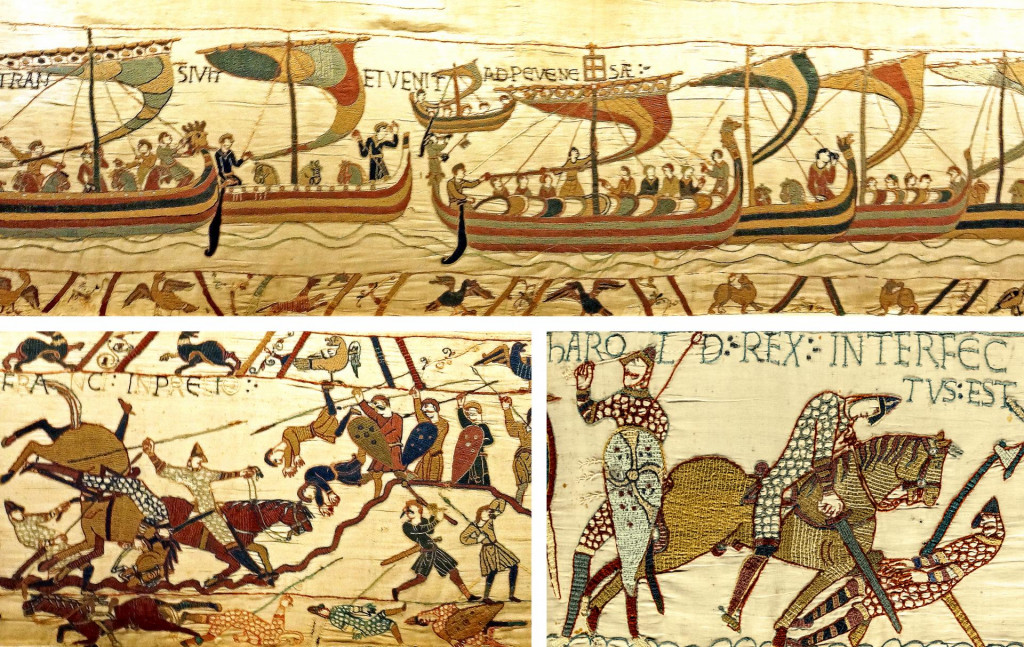 Tri v&yacute;javy z dobytia Anglicka Normanmi, ako s&uacute; stv&aacute;rnen&eacute; na Tapis&eacute;rii z Bayeux. Vylodenie inv&aacute;znej arm&aacute;dy v Pevensey (hore), bitka pri Hastingse (vľavo dolu) a smrť Harolda Godwinsona na bojovom poli (vpravo dolu). FOTO: WIKIMEDIA COMMONS