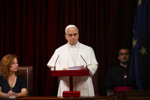 P&aacute;pež Lev XIV. vystupuje s prejavom v parlamente v Madride v pondelok 8. j&uacute;na 2026. FOTO: TASR/AP
