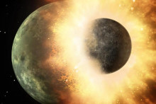 Umeleck&aacute; koncepcia zobrazuj&uacute;ca planet&aacute;rnu zr&aacute;žku medzi objektom veľkosti Mesiaca a objektom veľkosti Merk&uacute;ra.