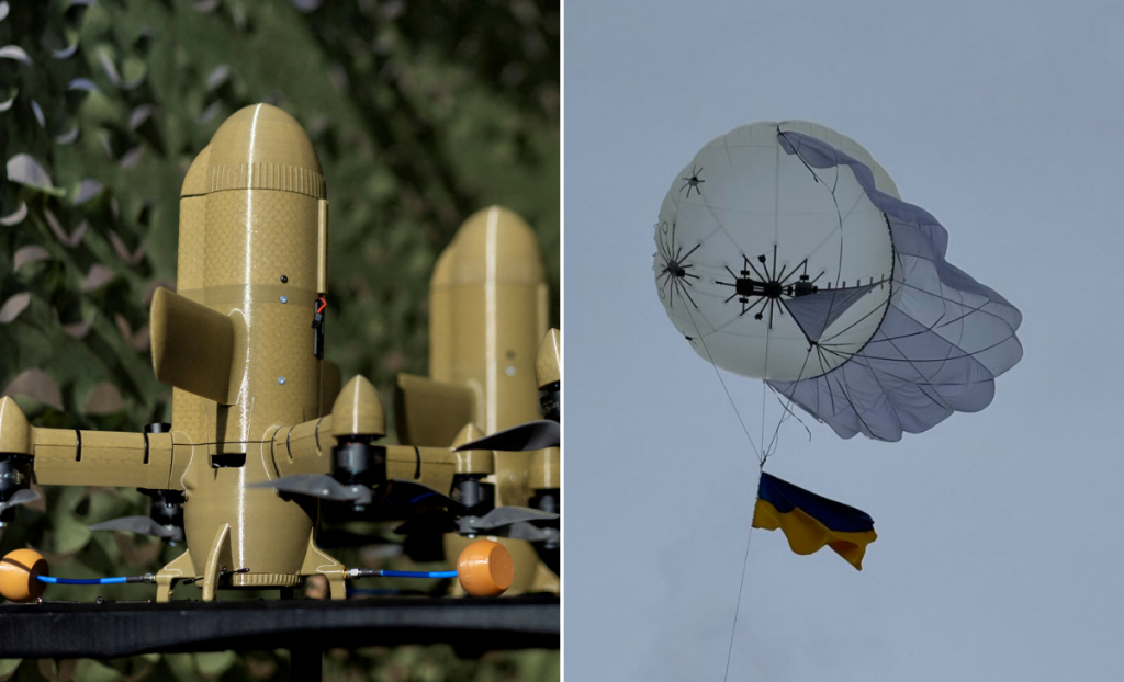Ukrajinsk&eacute; drony hornet a stratosf&eacute;rick&yacute; bal&oacute;n. FOTO: Reuters, X/Aerobavovna; Kol&aacute;ž: HN
